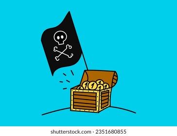 Pirate treasure chest with flag. Flat vector illustration.	