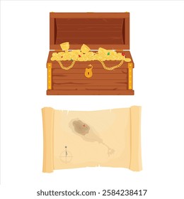 Pirate treasure chest full of gold and diamonds, pirate treasure map isolated on white background. Vecto