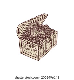 Pirate treasure chest with gold coins, jewelry and chalice - isolated drawing on white background. Vintage medieval bounty or booty trove, vector illustration.