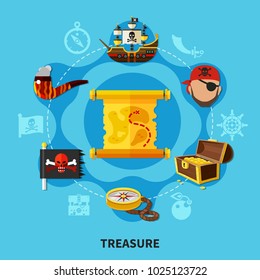Pirate treasure with chest of gold, map, jolly roger round cartoon composition on blue background vector illustration