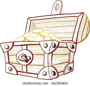 Pirate treasure chest with the lid open and full of money