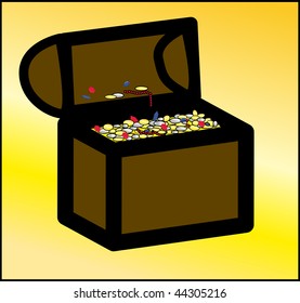 Pirate Treasure Chest Vector with Gold and Silver Coins and Precious Gems, Jewelrey and Jewels. Raster version also available.