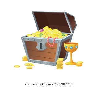 Pirate treasure chest. Wood treasures box with silver rim for comics cartoon vector isolated on white background