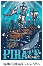 Pirate treasure colorful vintage poster with sunken ship and chest of gold lying on ocean floor near sharks vector illustration