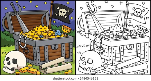 Pirate Treasure Coloring Page Colored Illustration