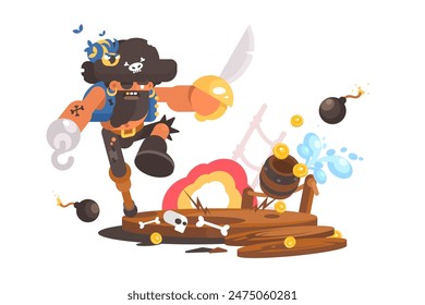 Pirate Treasure Defense, vector illustration. Buccaneer guarding loot.