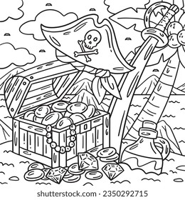 Pirate Treasure, Hat, and Cutlass Coloring Page 