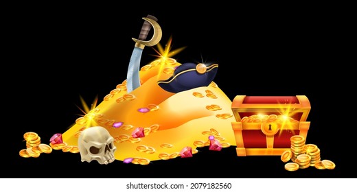 Pirate treasure illustration, vector corsair gold chest, money coin pile, skull, gemstone, captain hat. Ancient secret hidden trunk, adventure game shine jewelry clipart. Medieval tomb pirate treasure
