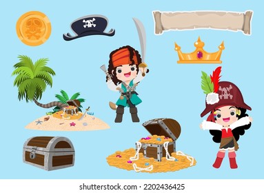 The pirate treasure island element has a treasure chest filled with gold coins, gems and pearls. Banner marine travel and adventure design. Cartoon retro style vector illustration 