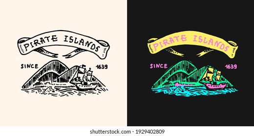 Pirate Treasure Island with Ribbon logo. Marine and nautical or sea, ocean emblem for sticker or t-shirt. Engraved drawn, old label or badge.