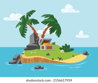 Isla del tesoro pirata en el mar, océano, ilustración plana vectorial. Antecedentes, paisaje para el juego de aventura pirata. Una isla con palmera, un pecho, un cráneo