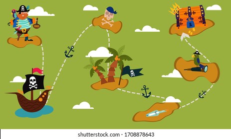 Pirate treasure map, boat way jewel hunt flat vector illustration. Icon concept raider ship character male and secret island. Search hidden place gold, adventure dangerous ocean travel time.