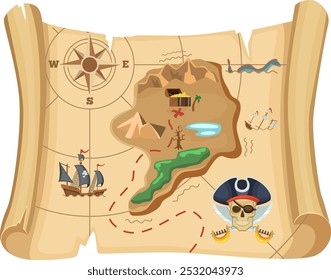 Pirate treasure map cartoon icon. Old parchment