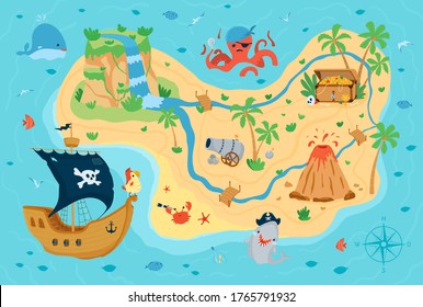 Pirate Treasure Map For Children In Cartoon Style. Cute Concept For Kids Room Design, Wallpaper, Textiles, Play, Apparel. Vector Illustration