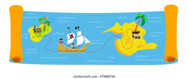 Pirate treasure map colorful flat vector horizontal banner with sailing ship, pirates and treasure chest