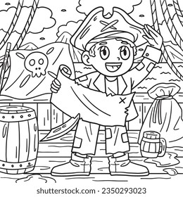 Pirate with Treasure Map Coloring Page for Kids