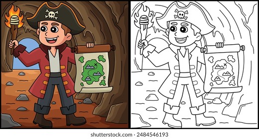 Pirate Treasure Map Coloring Page Illustration