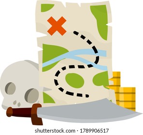 Mapa del tesoro pirata. Concepto de búsqueda de aventuras. Viejo papiro con ruta. Dibujo plano de caricatura. Juego de artículos - espada, calavera de hombre muerto, monedas de oro