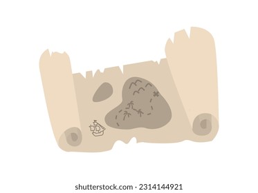 Pirate treasure map flat style, vector illustration isolated on white background. Island and ship, decorative design element, adventure and journey. Way, palms and cross