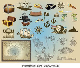 Pirate treasure map hand drawn illustration vector set