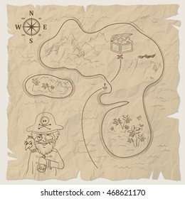 Pirate treasure map of the island on old paper. Vector illustration