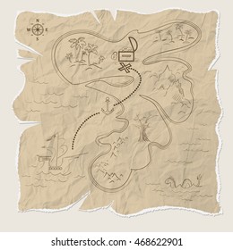 Pirate treasure map of the island on old paper. Vector illustration