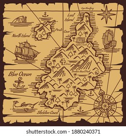 Pirate treasure map old scroll vector sketch of islands in ocean, pirate ships, nautical compasses and anchors. Treasure islands with skulls, chest, mountains and palms, parchment map of sea adventure