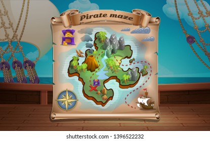 Pirate treasure map on the old scroll on background cartoon ship deck. Vector illustration.