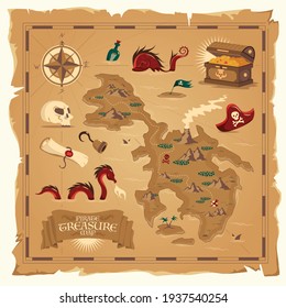 Pirate Treasure Map On Old Parchment With Skull Hand Hook Wooden Chest Floating Bottle Cartoon Elements Vector Illustration