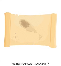 Pirate treasure map on old papyrus paper scroll isolated on white background. Treasure hunting game, quest. Place with treasure. Vector