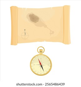 Pirate treasure map on old papyrus paper scroll and compass isolated on white background. Treasure hunting game, quest. Place with treasure. Vector