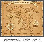 Pirate treasure map on ruined old parchment vector illustration. Antique paper with cross red mark, compass, banner ribbon and palm tree cartoon design. Medieval cartography concept