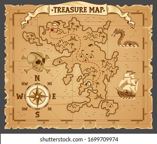 Pirate treasure map on ruined old parchment vector illustration. Antique paper with cross red mark, compass, banner ribbon and palm tree cartoon design. Medieval cartography concept