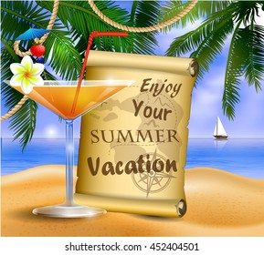 pirate treasure map on tropical background and exotic beverage