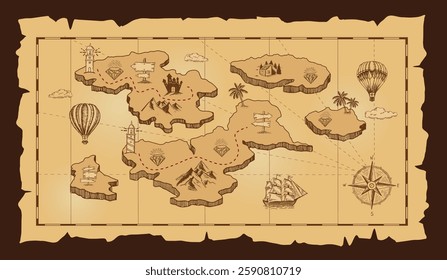 Pirate treasure map on white. Hand-drawn illustrations.