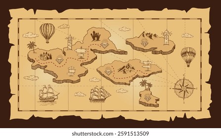 Pirate treasure map on white. Hand-drawn illustrations