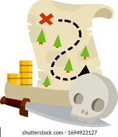 Mapa del tesoro pirata. Juego de artículos - espada, calavera de hombre muerto, monedas de oro. Concepto de búsqueda de aventuras. Viejo papiro con ruta. Dibujo plano de caricatura