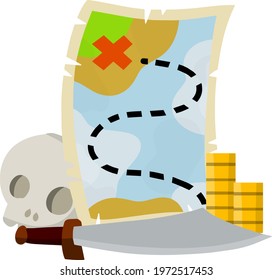 Pirate treasure map. Set of items - sword, dead man skull, gold coins. Concept of Search for adventures. Old papyrus with route. Cartoon flat illustration