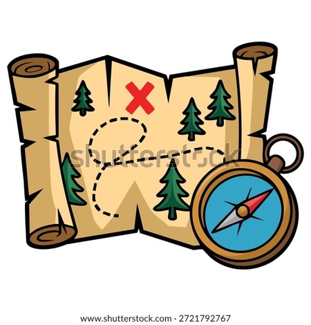 Pirate treasure map with telescope and compass for adventure