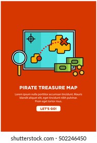 Pirate Treasure Map With Text Box and 'Find It' Button (Treasure Map Hunt With Magnifying Glass and Money Line Icon Quote Poster Design)