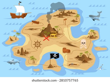 Pirate treasure map. Tropical island, volcano, hidden chest, ship and adventure route, fantasy board game, navigation scene, ship in ocean, qualitative vector cartoon flat style isolated concept