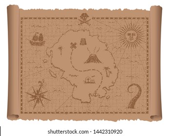 Pirate treasure map vector illustration (grunge damaged texture)