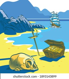 Pirate treasure on a tropical beach with skull, chest, sword laying on the shore and ship, vector illustration