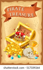 Pirate treasure poster with chest crown smiling skull and gems on beige textured background vector illustration 