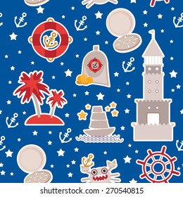 Pirate treasure, seamless pattern on blue background. Modern style flat. Vector