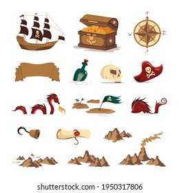 Pirate treasure set of compass hand hook wooden chest floating bottle skull sailboat with black sail isolated vector illustration