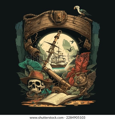 Pirate treasure with skull and ship art design