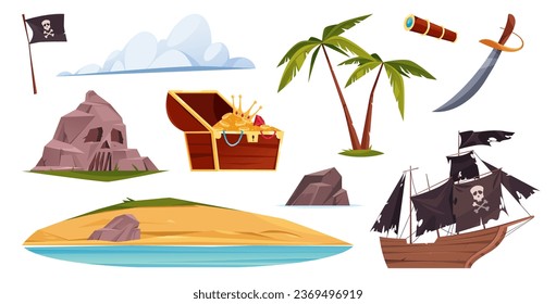 Pirate treasures, broken pirate ship and island flat cartoon icons set. Vector palm trees and chest with gold coins, sail boat after shipwreck with skull on sails, creepy mountain and sword, spy glass