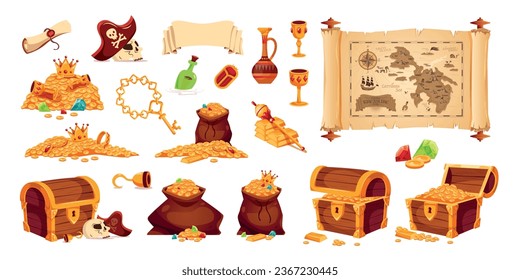 Pirate treasures cartoon set of icons with chests gold jewels map human skull cups isolated vector illustration