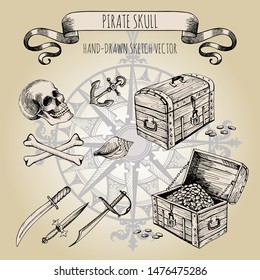 Pirate treasures, jolly roger,   Hand drawn vector sketch. Pirate chest. Antique wooden chest with lock and gold coins.
